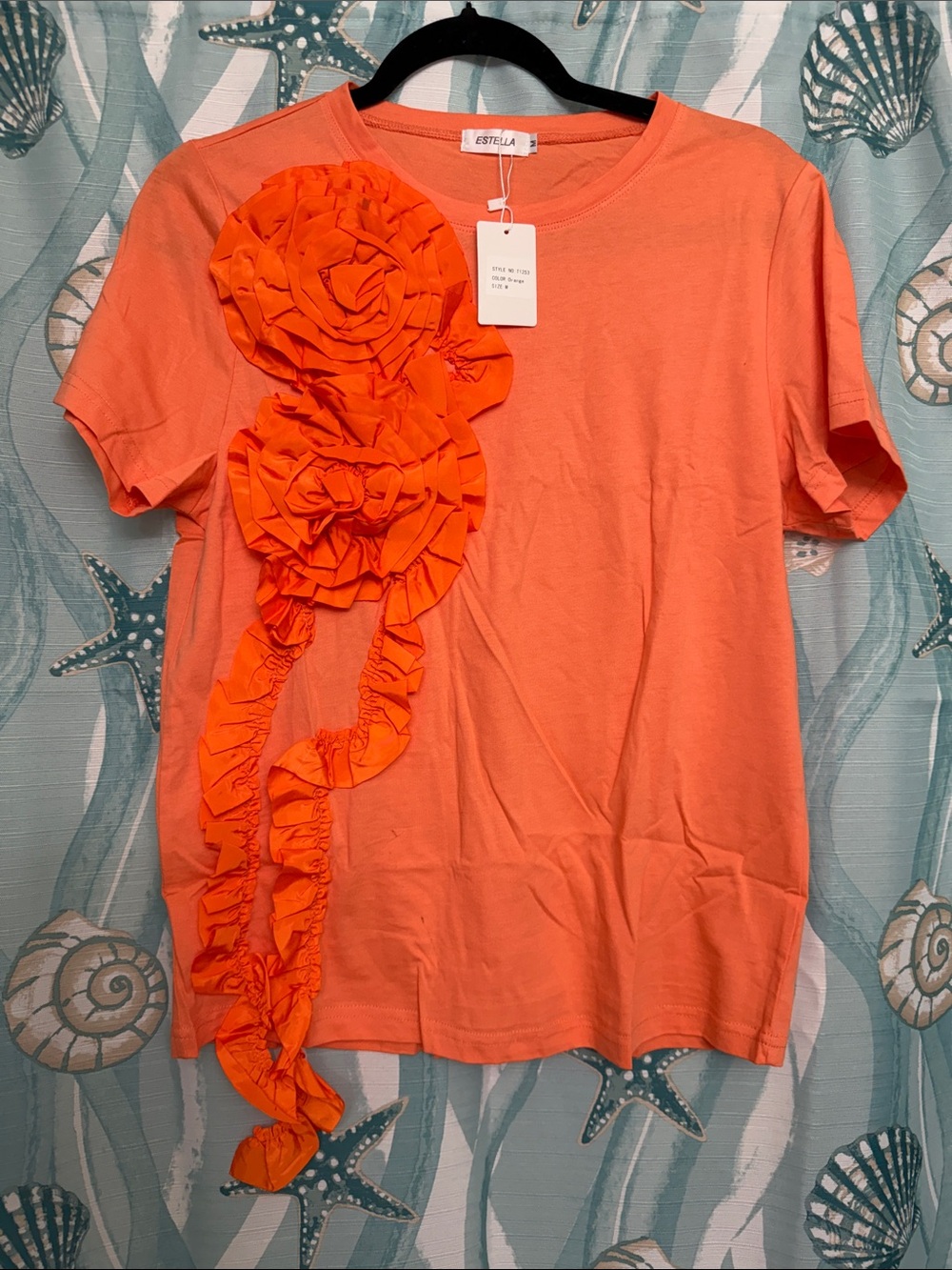 Orange Ruffle Floral Applique Short Sleeve Tee